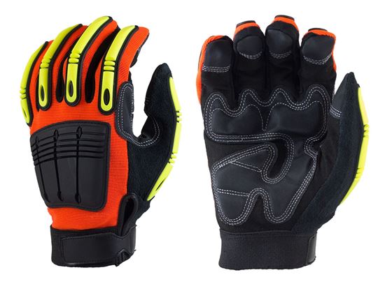 Picture of Synthetic Leather Palm Glove with Hi-Ves Orange Nylon Spandex Back.